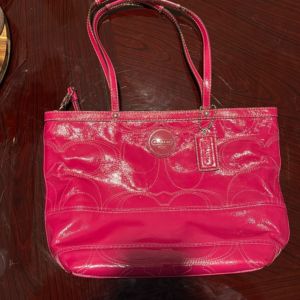 Coach Berry Pink Patent Leather Signature C Stitch Tote (Style #F15142)